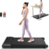 Woman using a treadmill with inset images of people running, a standing desk, and a smartphone.