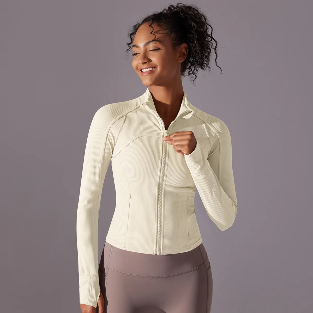 Stand-Up Collar, Long-Sleeve Yoga Coat with Zipper