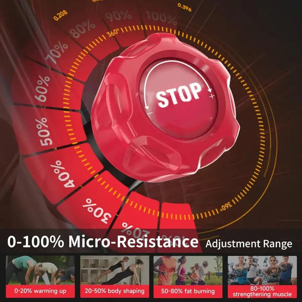 Red 'STOP' button on a gauge with micro-resistance adjustment range, used for exercise equipment.