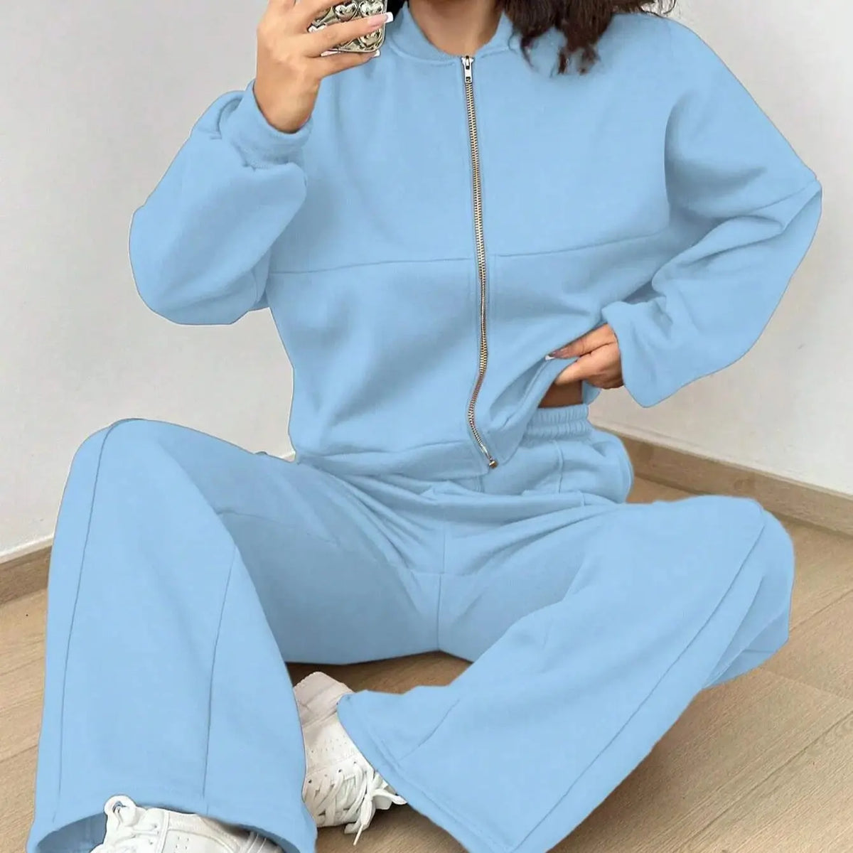 Ladies Polyester Suit Set: Slimming Two-Piece with Long Pants & Jacket