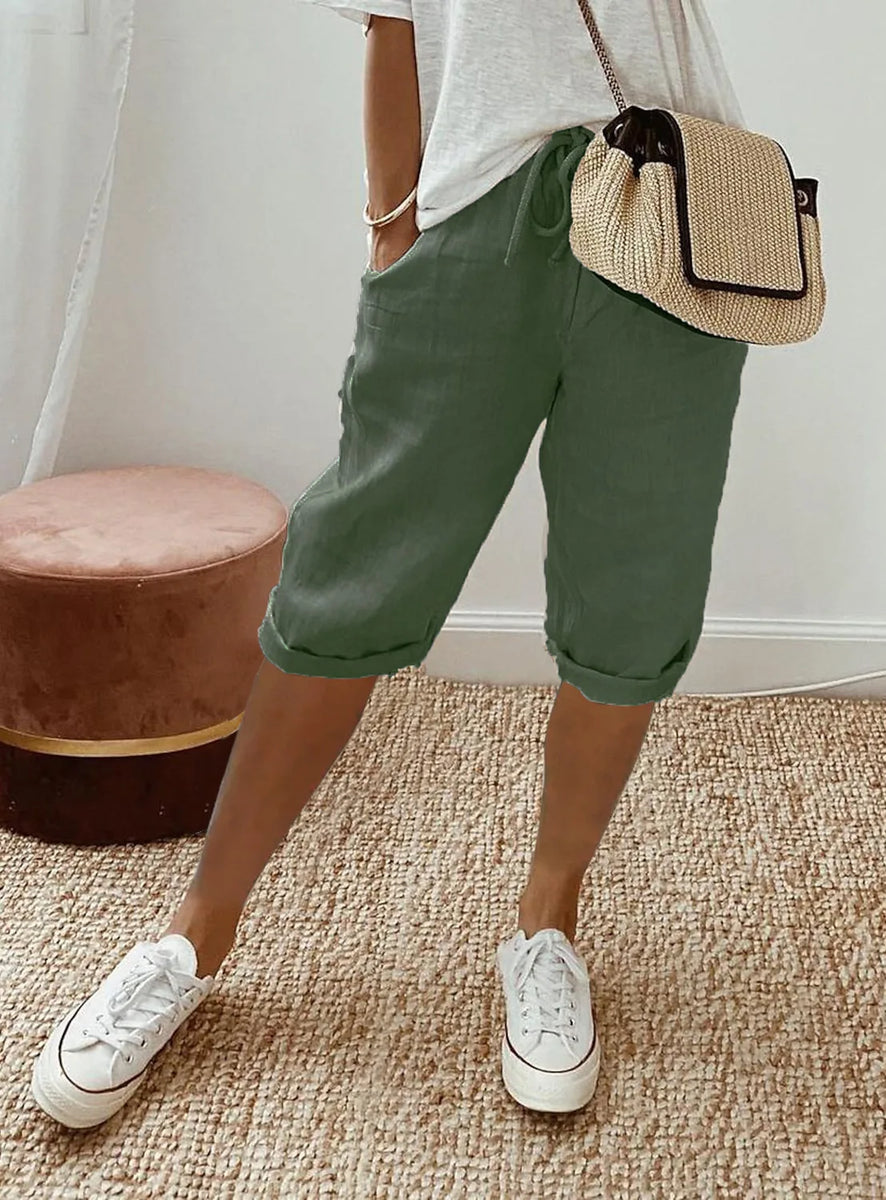 Women's Summer Cotton Linen Shorts Elastic Waist & Pockets