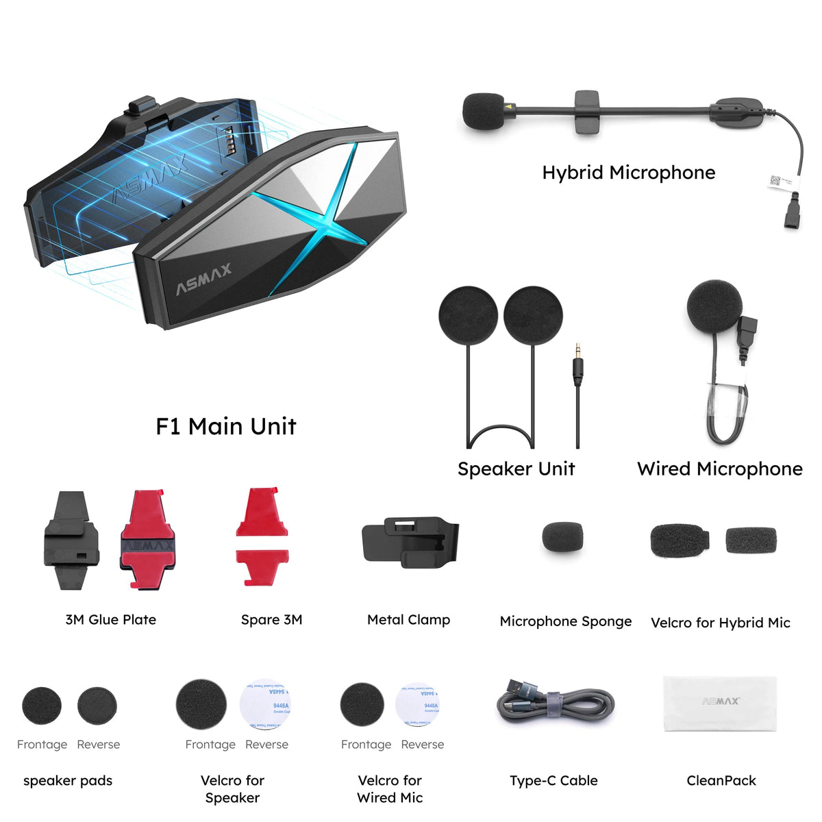 ASMAX F1 Mesh Motorcycle Intercom AI Voice HD 40mm Speakers 1250mAh Battery Pro-Level Helmet Communication System Global version 24 Hour Sport