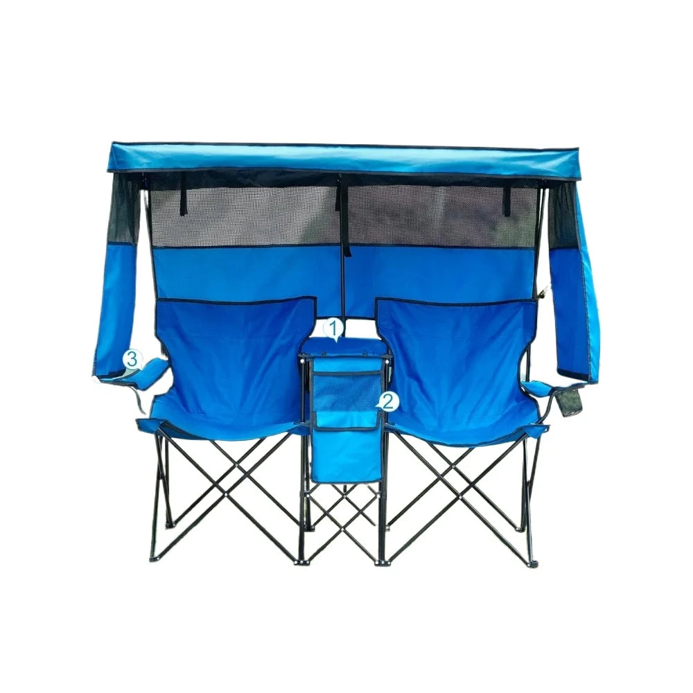 Double Camping Chair with Canopy & Cup Holders
