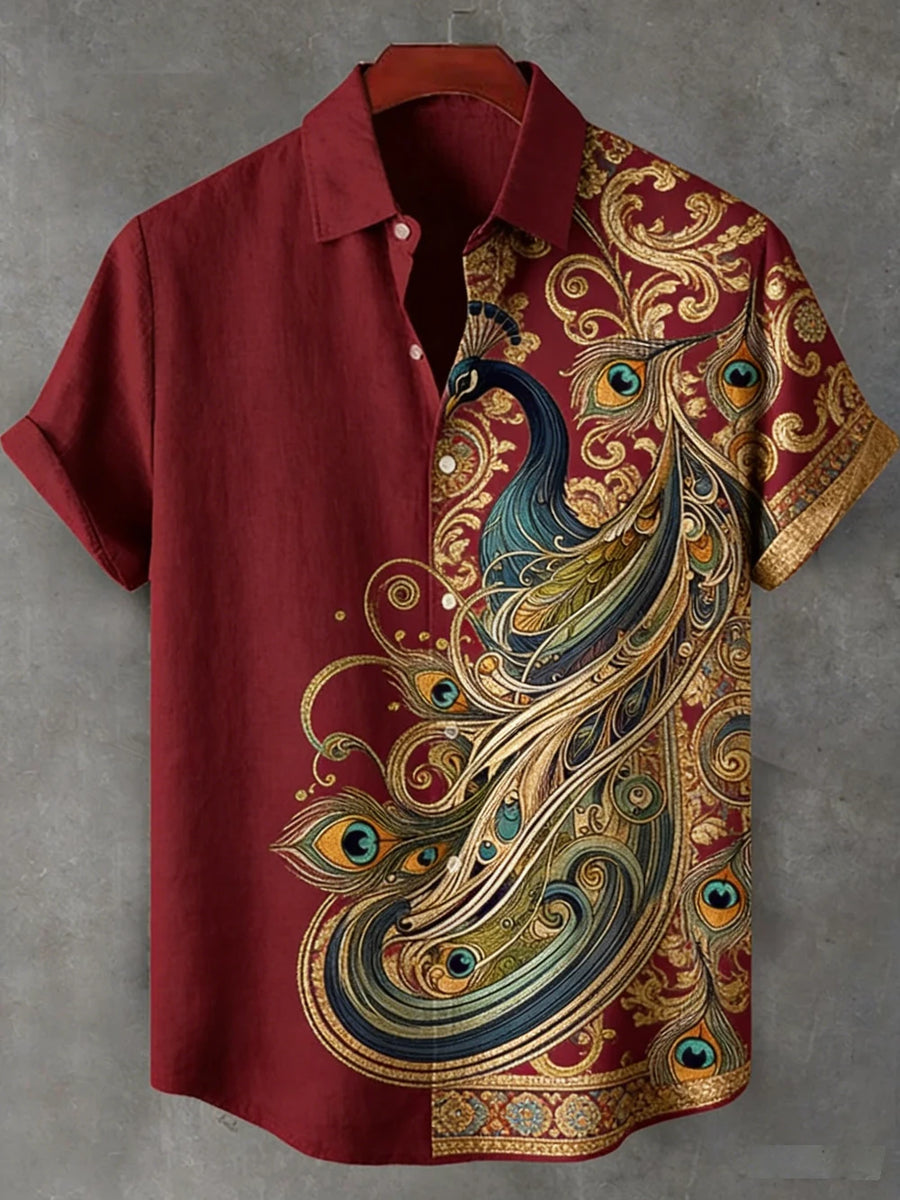 Ethnic Linen Short-Sleeve Peacock Shirt for Men