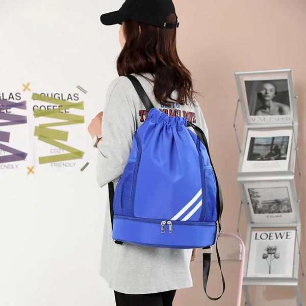 Drawstring Backpack with Mesh Pockets and Shoe Compartment