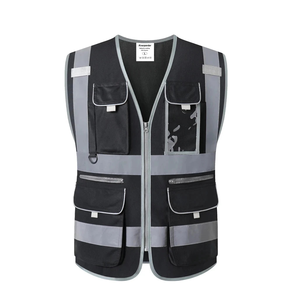 Heavy-Duty Reflective Safety Vest with 9 Pockets and Zippers