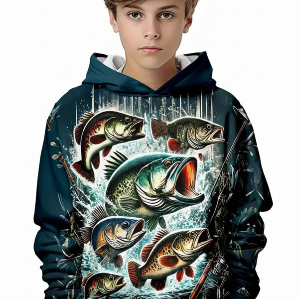 Boys' Fishing Print Hoodie: Loose Casual Sweatshirt