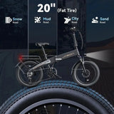 1000W Peak 25MPH Adult Electric Bike, Aluminum Frame, 20'' Fat Tires 24 Hour Sport