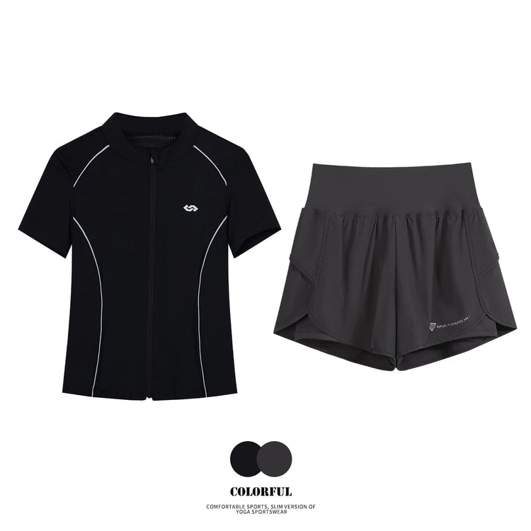 DRUR Breathable Gym Clothes for Women 2 Piece Summer Workout Sets Full Zip Sports Tops with Elastic Waist Shorts Active Wear New 24 Hour Sport