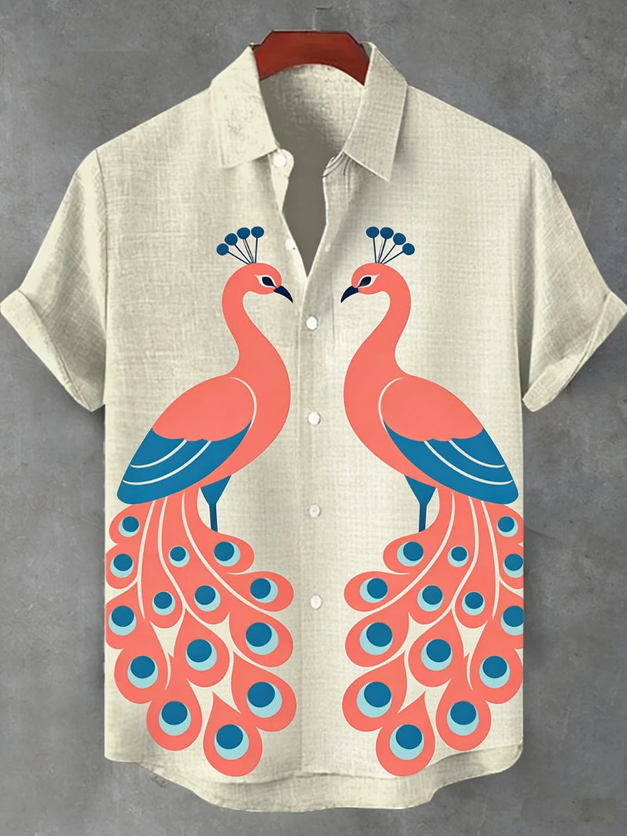 Ethnic Linen Short-Sleeve Peacock Shirt for Men