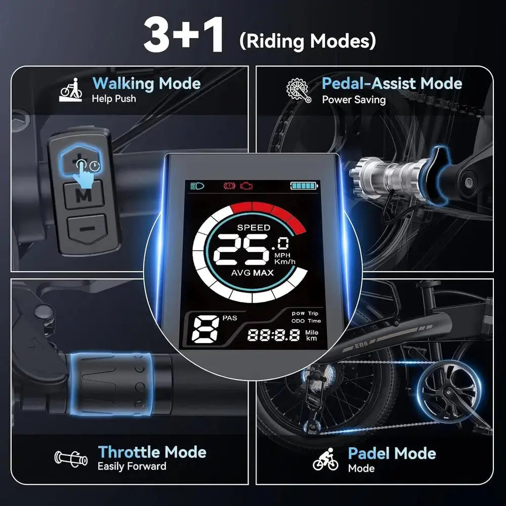 1000W Peak 25MPH Adult Electric Bike, Aluminum Frame, 20'' Fat Tires 24 Hour Sport