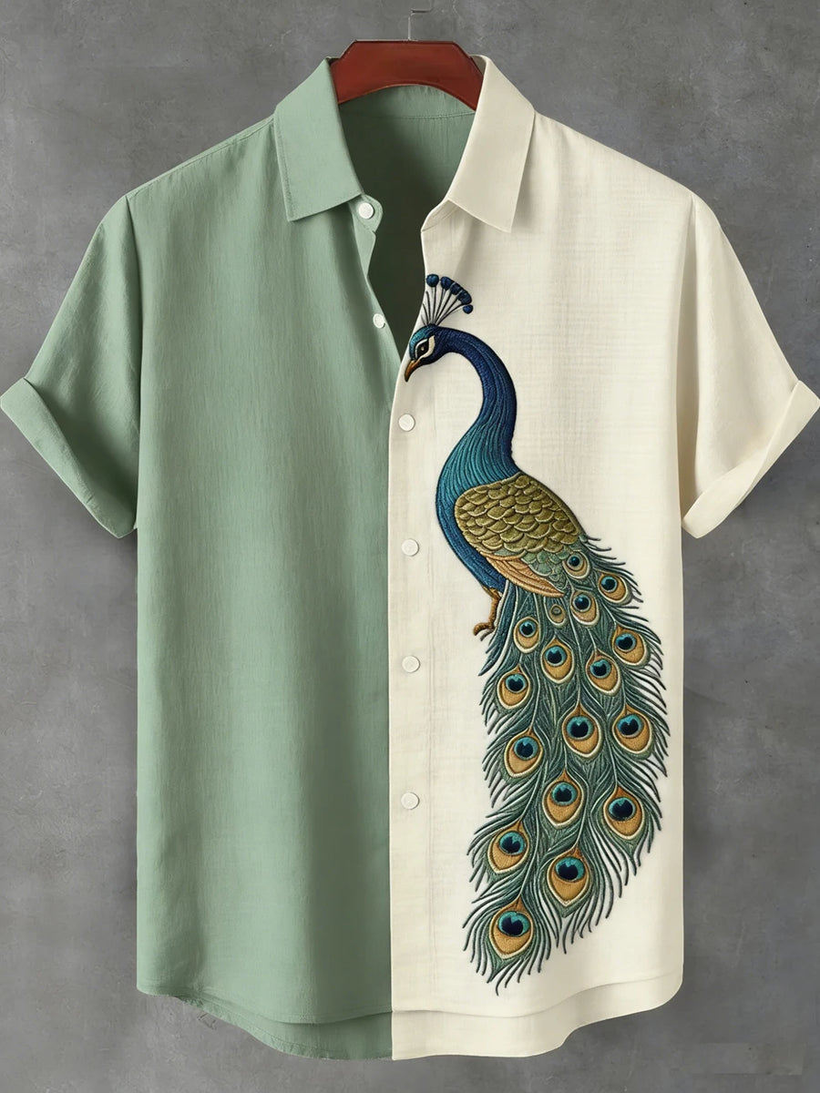 Ethnic Linen Short-Sleeve Peacock Shirt for Men