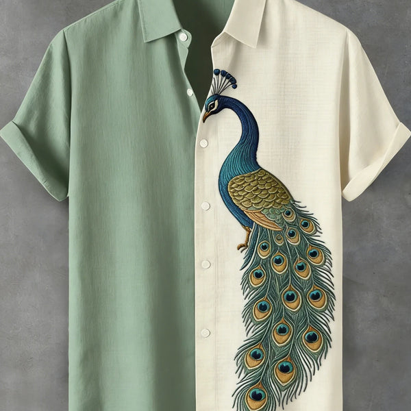Ethnic Linen Short-Sleeve Peacock Shirt for Men