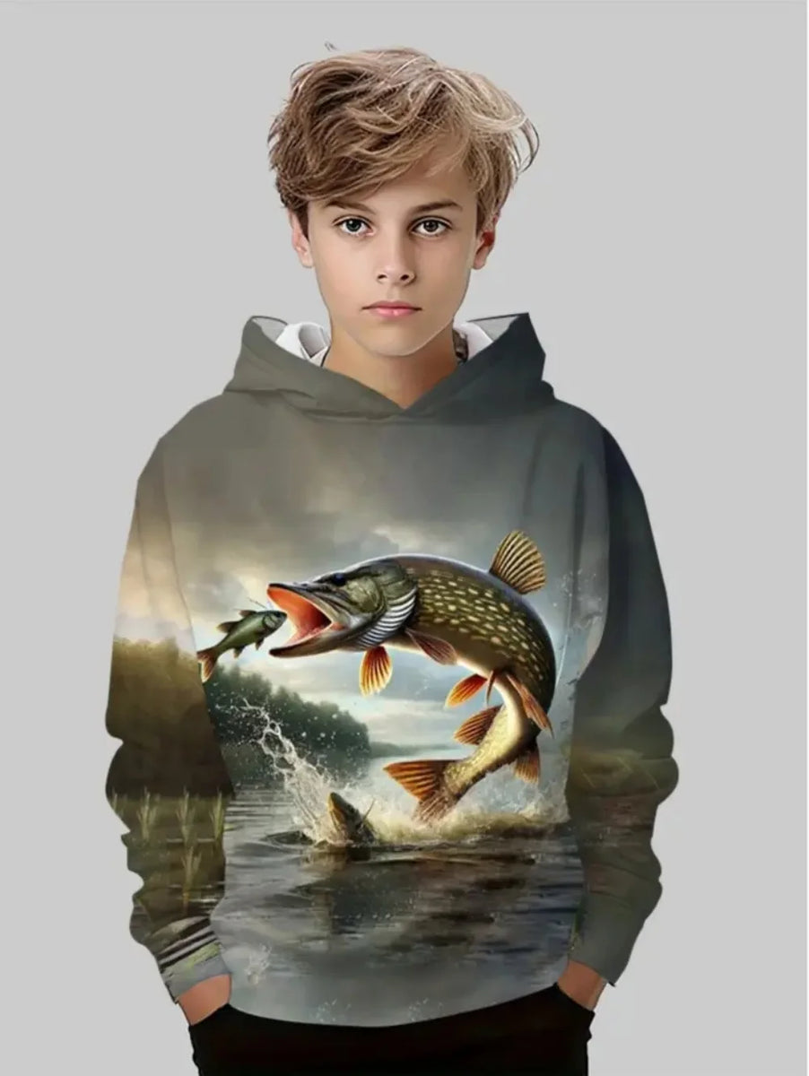 Boys' Fishing Print Hoodie: Loose Casual Sweatshirt