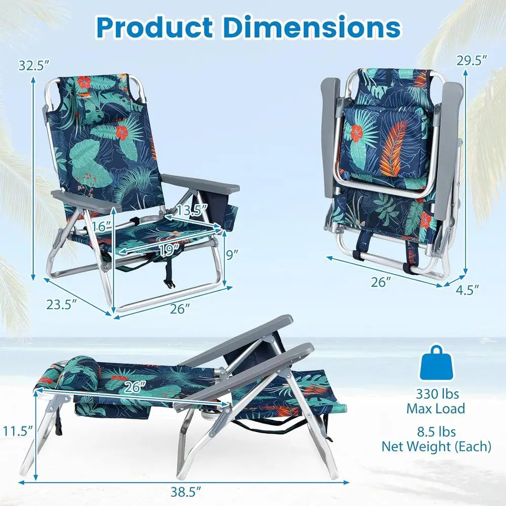 2-Pc Collapsible Beach Chairs with Cooler & Cup Holder