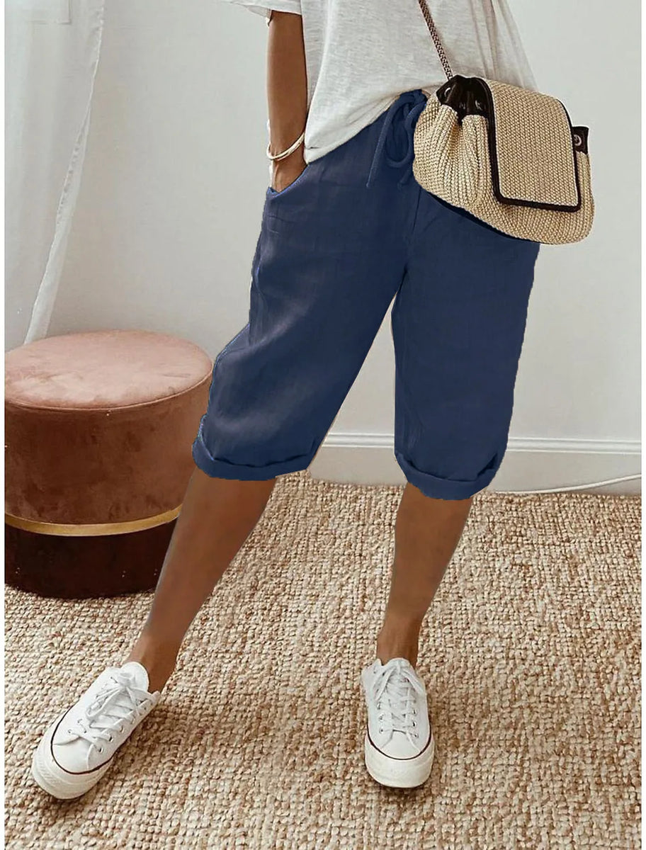 Women's Summer Cotton Linen Shorts Elastic Waist & Pockets