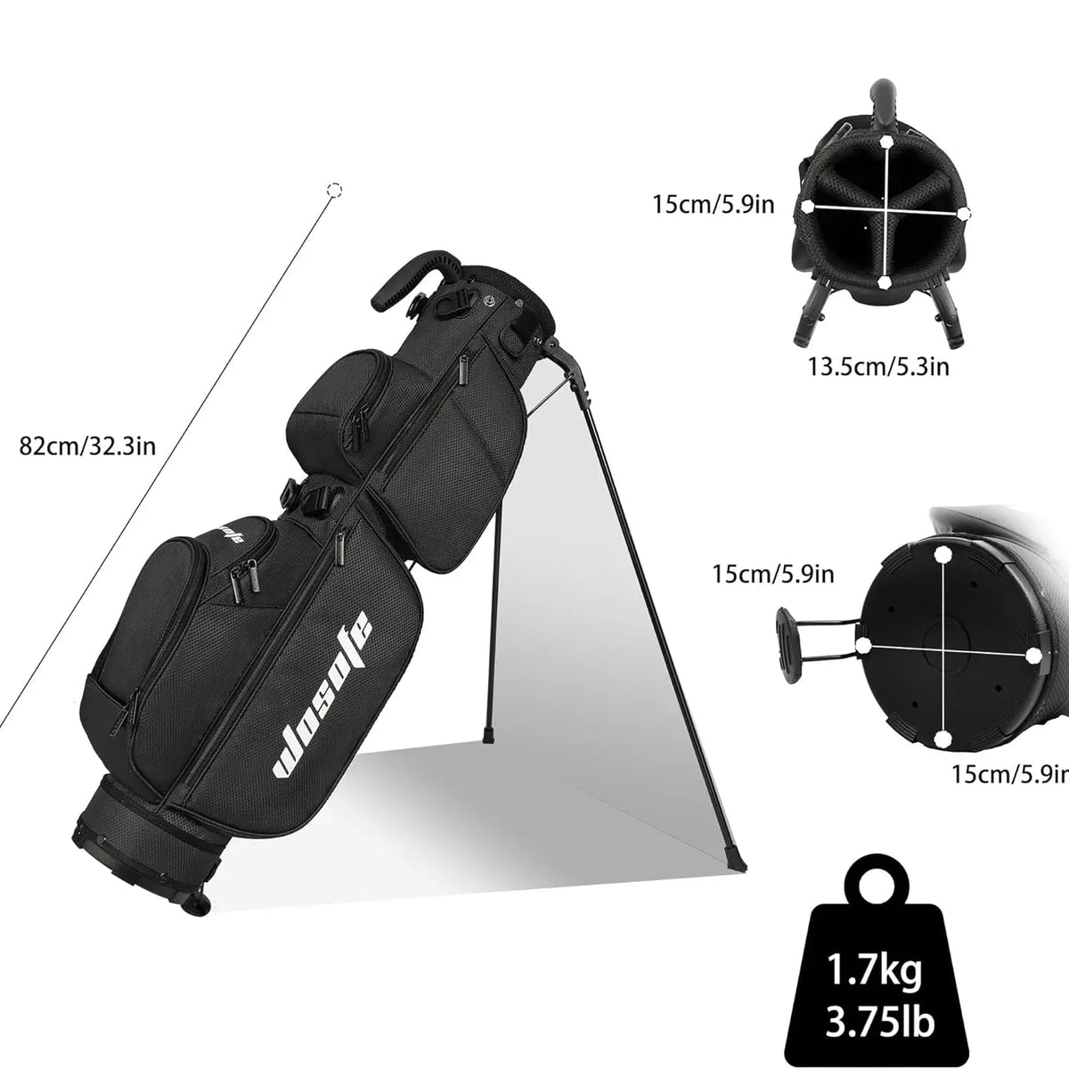 Black golf bag with dimensions and weight displayed on a white background