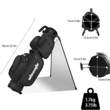 Black golf bag with dimensions and weight displayed on a white background