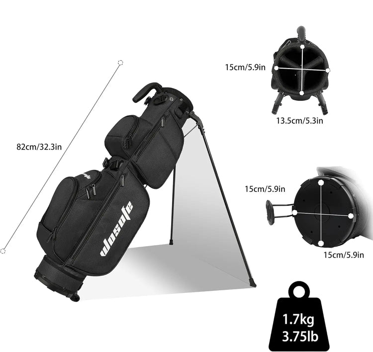 Black golf bag with dimensions and weight displayed on a white background