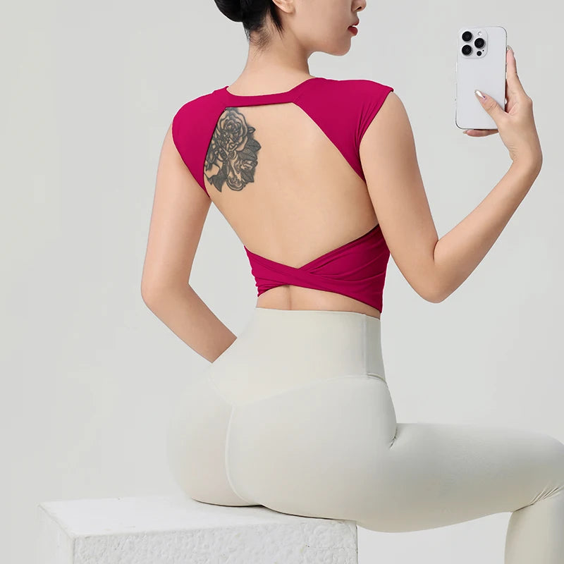 Backless Dance & Fitness Tee with Built-In Pads