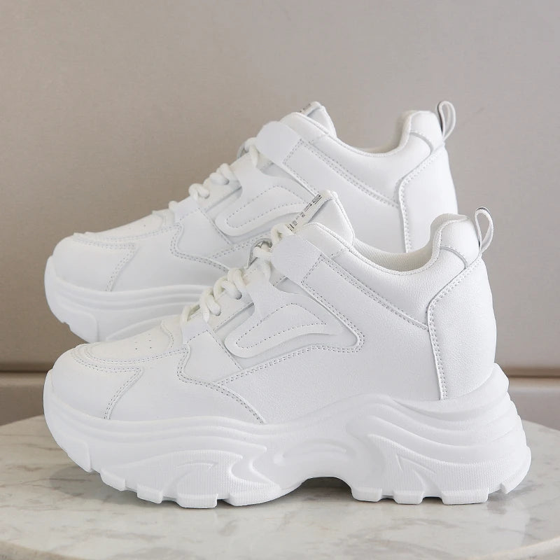 Women's White Platform Sneakers  Lace-Up Thick Sole Breathable