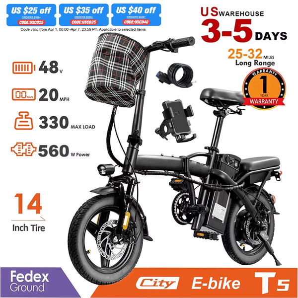Folding Adult Electric Bike - 560W, 20 MPH, 48V Battery