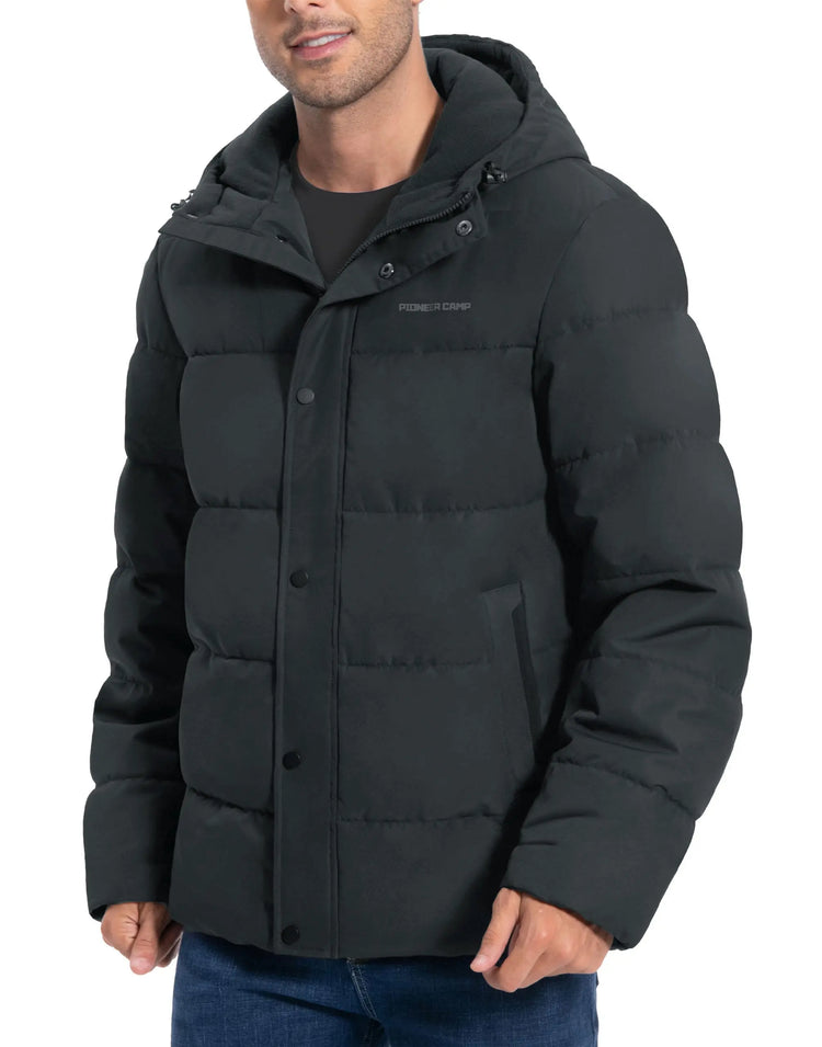 Men's Hooded Quilted Puffer Jacket with Snap Storm Flap