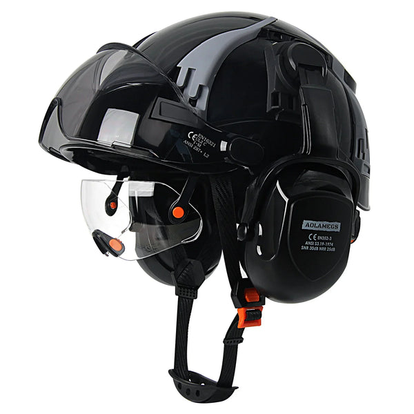Carbon Fiber Vented Safety Helmet with Earmuffs & Goggles