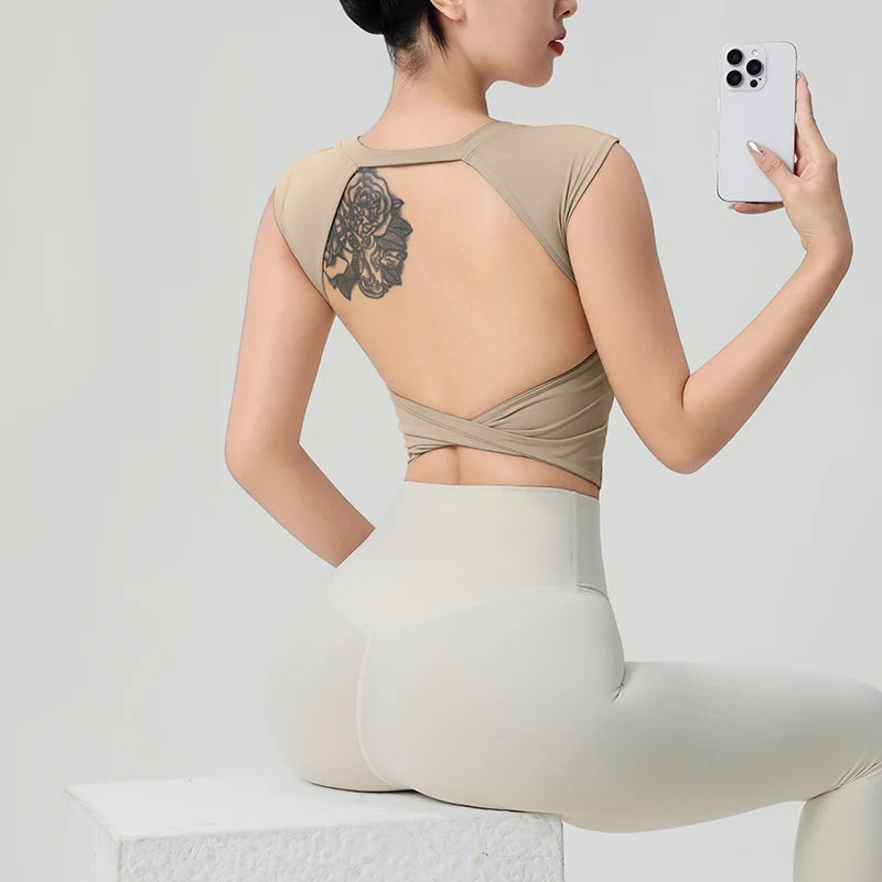 Backless Dance & Fitness Tee with Built-In Pads