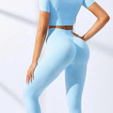 Yoga Set 2 Pieces Women Tracksuits Workout Sportswear Gym Clothing Fitness Short Sleeves Long Leggings Suits 24 Hour Sport