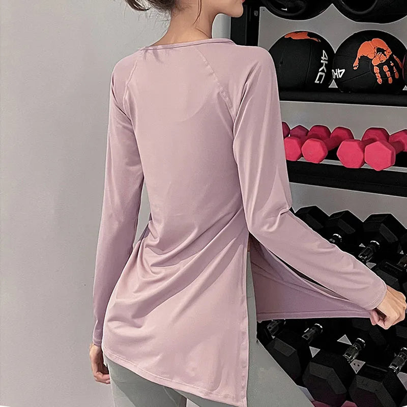 Pleated Side Slit Long Sleeve Sports Shirt for Women