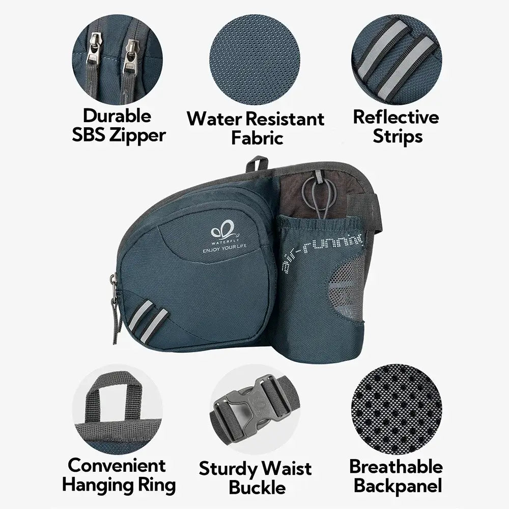WATERFLY Fanny Pack Waist Bag For Women Men With Water Bottle Holder Hiking Belt Bum Bags For Running Walking DogWalking Travel