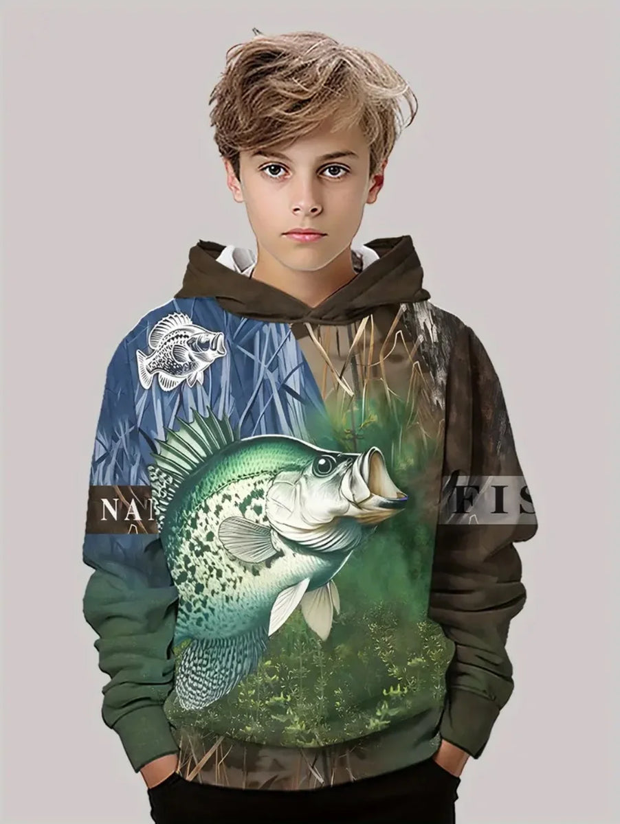 Boys' Fishing Print Hoodie: Loose Casual Sweatshirt