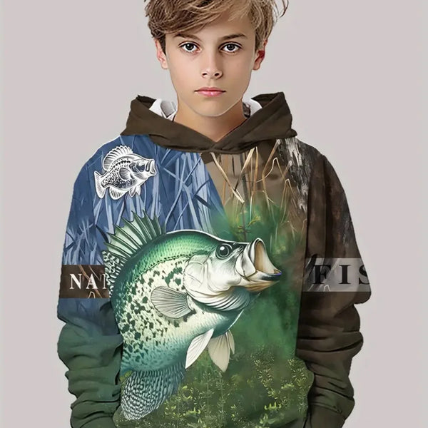 Boys' Fishing Print Hoodie: Loose Casual Sweatshirt