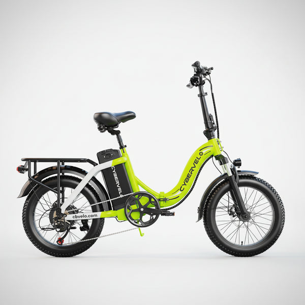 A bright lime green and white Cybervelo Mar700 folding electric bicycle shown outdoors on a paved path with sky behind it. Large text at the top reads 'CYBERVELO MAR700 Free Shipping & One Year Warranty,' and an orange badge says '1000W 48V20.