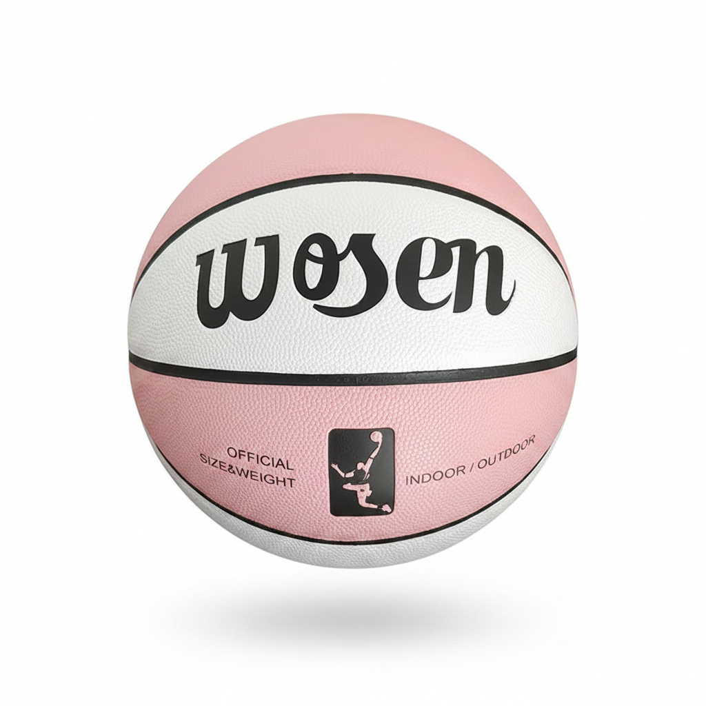 Pink and white basketball with 'wosen' branding held by a hand against a chain-link fence background.