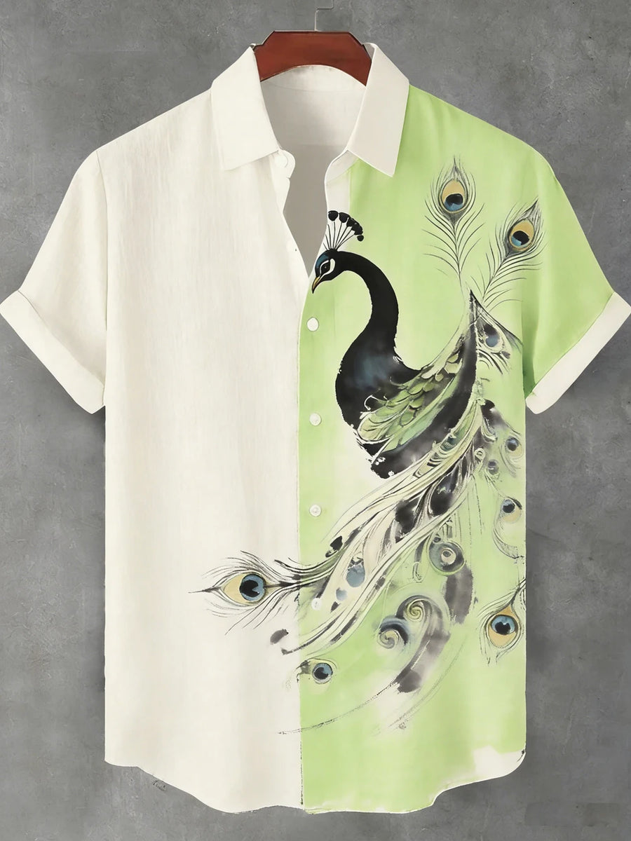 Ethnic Linen Short-Sleeve Peacock Shirt for Men
