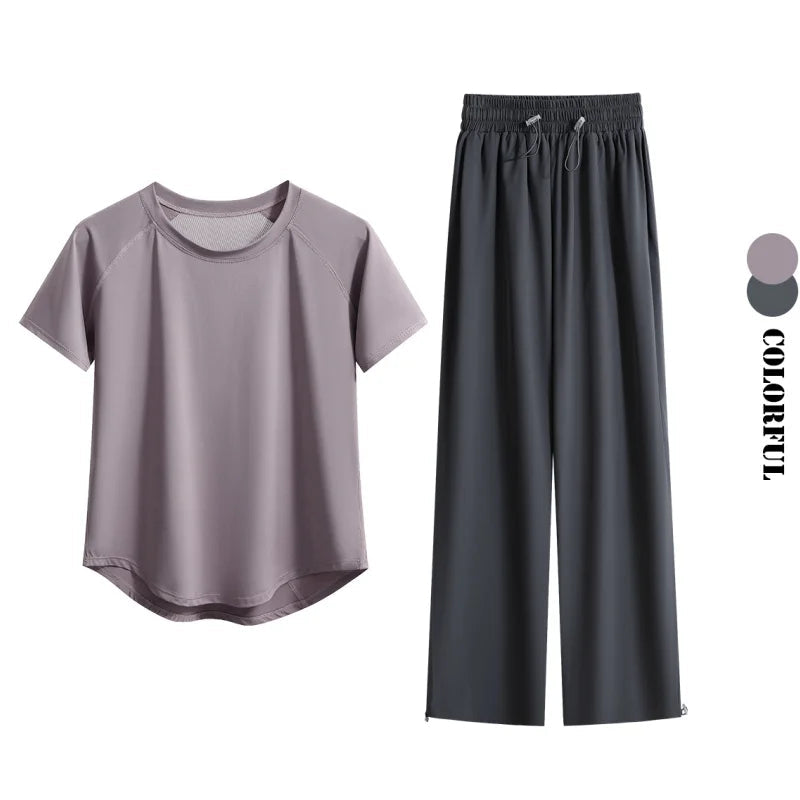 DRUR Loose Breathable Yoga Set Women Lightweight Running Tracksuit 2 Piece Gym Outfit Summer Sportswear Tops Pants Suit Yogawear 24 Hour Sport