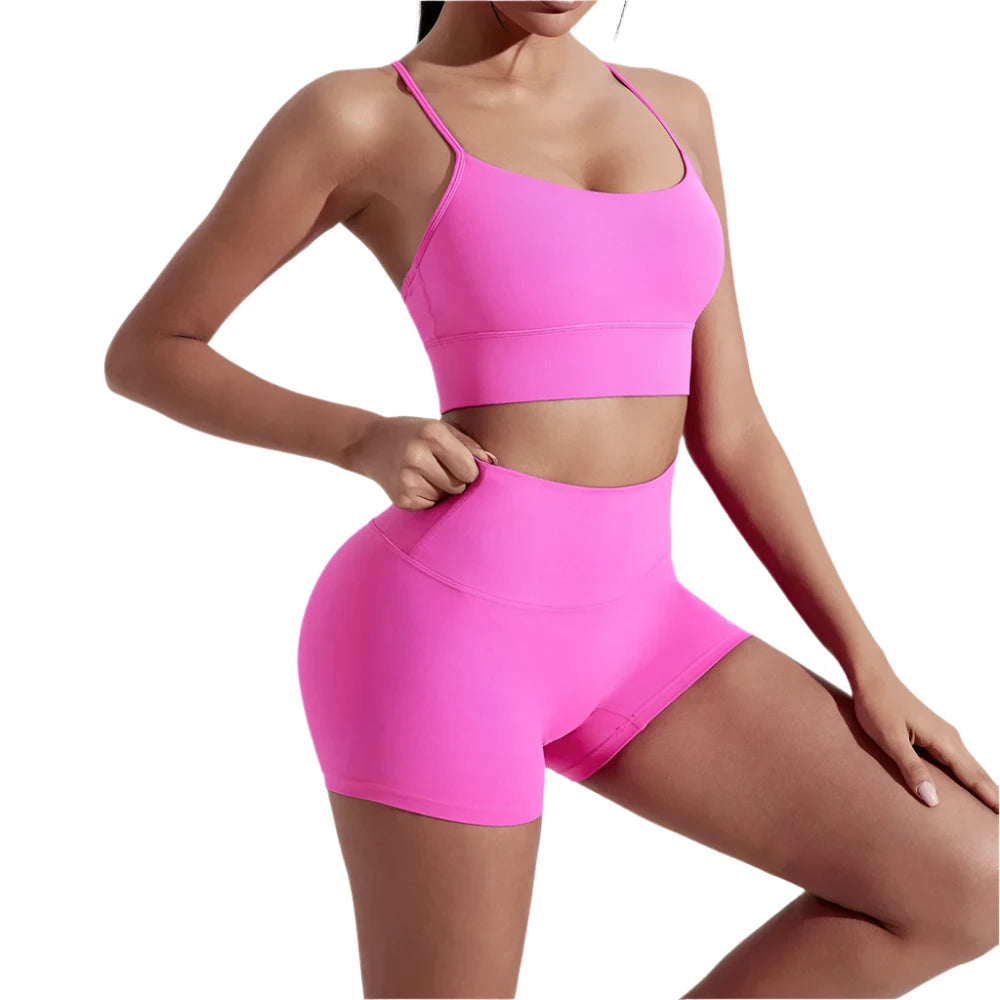 Solid Color Athletic Set: Y-back sports bra and high-waisted leggings.
