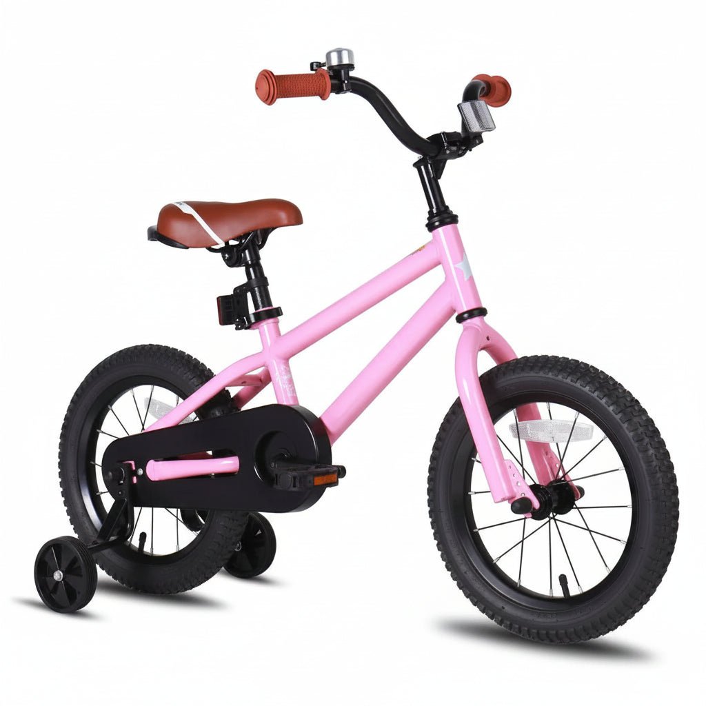 Pink children's bicycle with training wheels on a white background