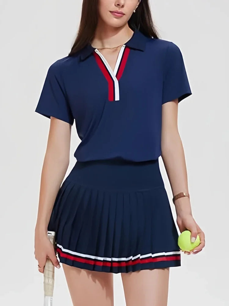 VITALINOVO Women 2 Pieces Athletic Skirt Set Outfits V Neck Polo Shirts High Waisted Pleated Tennis Skirts Golf Pickball Dress 24 Hour Sport