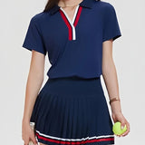 VITALINOVO Women 2 Pieces Athletic Skirt Set Outfits V Neck Polo Shirts High Waisted Pleated Tennis Skirts Golf Pickball Dress 24 Hour Sport