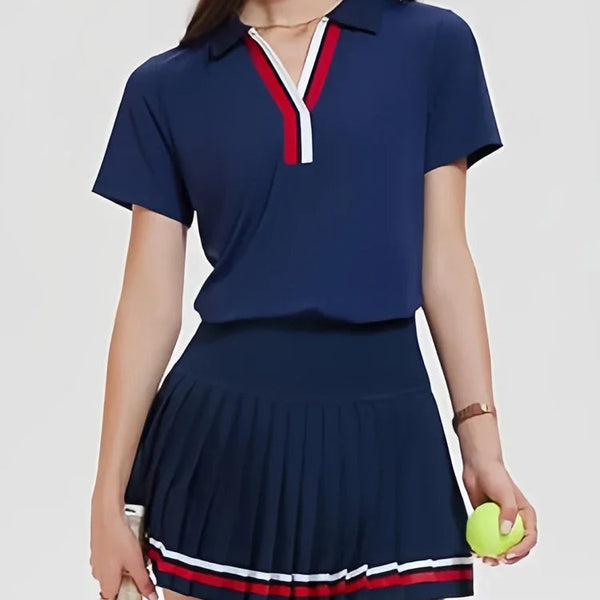 VITALINOVO Women 2 Pieces Athletic Skirt Set Outfits V Neck Polo Shirts High Waisted Pleated Tennis Skirts Golf Pickball Dress 24 Hour Sport