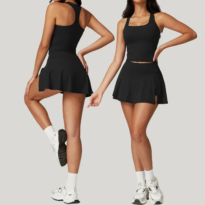 Anti-Shine, High-Waisted Tennis Skirt and Yoga Pant Set