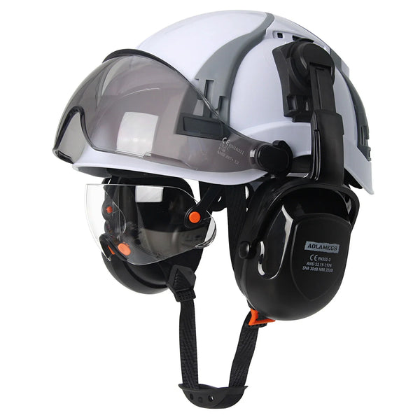 Carbon Fiber Vented Safety Helmet with Earmuffs & Goggles