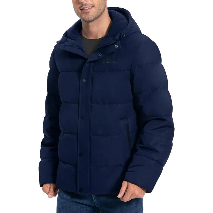 Men's Hooded Quilted Puffer Jacket with Snap Storm Flap