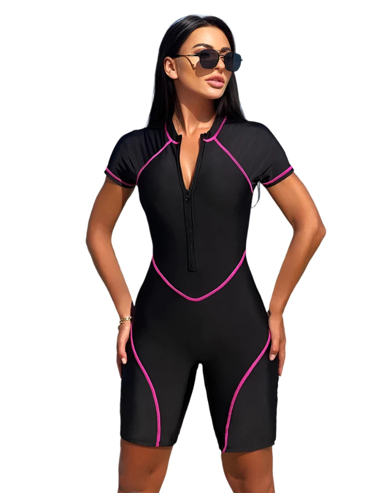 Black Short Sleeve One-Piece Swimsuit with Shorts