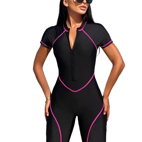 Black Short Sleeve One-Piece Swimsuit with Shorts