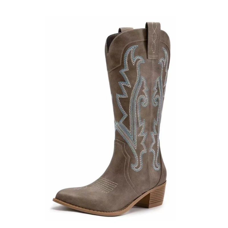 Women's Embroidered Cowboy Boots with Thick Heel