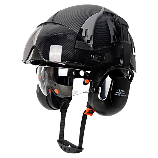 Carbon Fiber Vented Safety Helmet with Earmuffs & Goggles